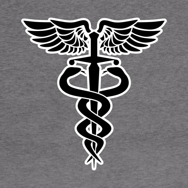 Caduceus medical symbol with two snakes sword and wings by hobrath